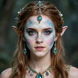 portrait of a fairy, symmetric, facepaint facepaint facepaint, intricate jewelry, trending on artstation 4 k, in the style of karol bak and tom bagshaw, bust with face of emma watson