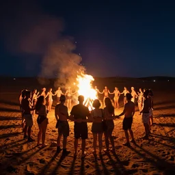stunning night photograph of ravers in the desert around a fire circle, shot from behind, extremely realistic, sony a 7 r, hugging