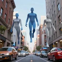 3 d wireframe of city street humans floating in the air, full colour, hyper realistic photo, upscale, 8 k, masterpiece,