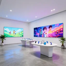 ( ( ( minimalist brutalist neon flagship samsung store, white walls. concrete floor. low ceilings with spots. curved furniture, with large digital screen. display tables with phones and tablets, pots with plants, large digital screens on the walls ) ) ) concept art, vibrant colour, john berkey, beeple, wlop, makoto shinkai, yoji shinkawa, wadim kashin, artstation, 4 k