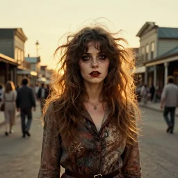 a beautiful but creepy young woman with wild, untamed hair is standing on a busy street in a country town in the 1 9 7 0 s, she is undead, seventies, golden hour, painterly, offset printing technique, by alexandre cabanel, if you see her you die in seven days