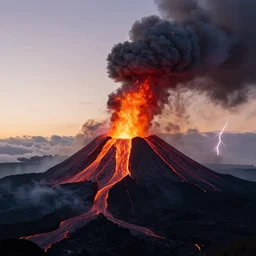 an extremely detailed volcano spewing lava and black smoke, from below, streams of glowing hot lava, hot air refraction, flashes of lightning in the distance, wide shot, long shot, photo by wayne barlow, sunset, soft lighting, beautiful, artstation