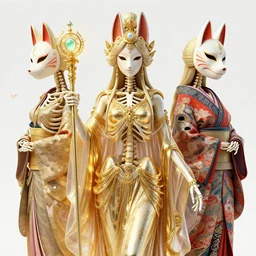 3 d goddess skeleton intricately carved and decorated, draped in diaphanous gilded fabric, holding a scepter with glowing gems + beautiful intricately detailed + ornamented japanese crow kitsune mask and kimono!, transcendent, vibrant color, clean linework, finely detailed, 4 k, trending on artstation, volumetric lighting, octane render