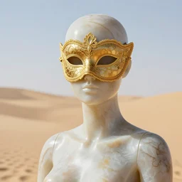 a beautifully sculpted mannequin made of onyx with gold lace masquerade face mask, ornamented, opulent, kintsugi, confident, serene desert setting, innovative avant - garde art, photorealistic portrait, crisp quality and light reflections, clean linework, finely detailed, 4 k, rule of thirds, trending on artstation, volumetric lighting, octane render