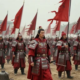 mid shot cinematic artwork of an ancient Chinese army wearing red armor and holding red flags on the battlefield by greg rutowski, masterpiece, 4k