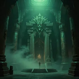 cinematic film still, inside an ancient temple of Cthulhu, ancient, green ambient light, light mist, lovecraftian 4k