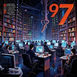 1 9 7 9 science fiction magazine depicting computer section of a library in neo - tokyo. in the style of bladerunner concept art by syd mead
