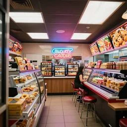 inside fast food store, neon - lighting photography by emily soto, highly detailed