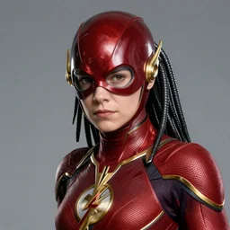 female the flash, close up, perfect face, highly detailed, intricate suit, dc comics, justice league, predator pose, studio muti, greg rutkowski makoto shinkai takashi takeuchi studio ghibli