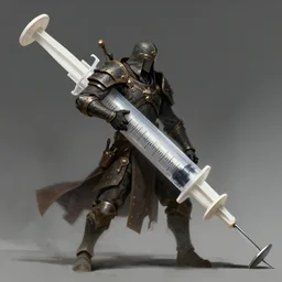 concept art of a warrior wielding a giant syringe weapon