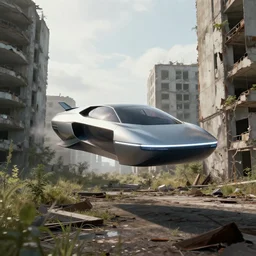a futuristic flying car floating through an overgrown abandoned city