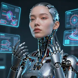 beauty woman, robotic and wiring, surrounded by holograms, very detailed, dramatic lighting, detailed mechanical hands, electrical details, high details, 4k, 8k, trending on artstation, by Hajime Sorayama and Boris Vallejo