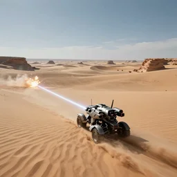 armored core v running across the open desert, laser beam, explosion, empty desert, sand, karst landscape, wide shot ; dynamic contrast, bokeh, motion blur, photoreal, cinematic, digital art by liam wong