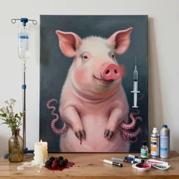 “ a portrait in a female art student ’ s apartment, sensual, a pig theme, syringe, anaesthetic, art supplies, surgical iv drip, octopus, ikebana, herbs, a candle dripping white wax, squashed berries, berry juice drips, acrylic and spray paint and oilstick on canvas, surrealism, neoexpressionism ”