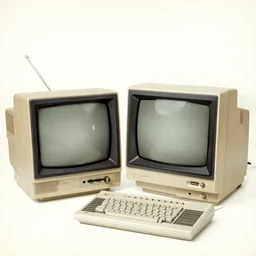 full - color page of a 1 9 5 0 s catalog advertising a kitschy streamlined personal - computer. it has two tv monitors displaying 3 d graphics, and has a reel - to - reel data reader, a pen tablet, and a mechanical keyboard. alternate - history ; retrofuturism.