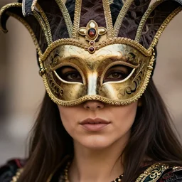 portrait photo of a female warrior with ornate venetian mask highly detailed, 4 k, hdr, close up, portrait, smooth, sharp focus, high resolution, award - winning photo