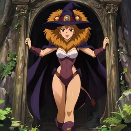 very athletic female witch wearing a lion costume, stepping out of a wardrobe. Professional portrait 85mm screenshot from a 2010s TV TOKYO anime series, spectacular cartoon style