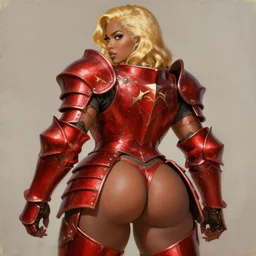 Picture of Female Paladin, bulky armor, metallic red, golden hair, dark brown skin, becautiful face, pin-up poster girl, derriere focus, by wlop, artgerm and genzoman, painting, HD