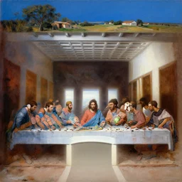the last supper, all man replaced with soccer players, under the porch of a typical portuguese house, with typical alentejo landscape in the back, sunny morning, matte painting, oil canvas, photorealistic illustration, extreme detail, hyper realistic, highly detailed, digital art