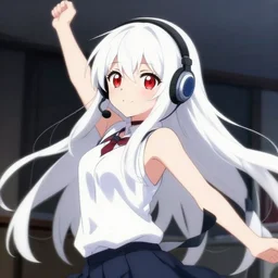 anime film still of a long white haired red eyed cute girl wearing a headset, dynamic pose, pixiv, mika pikazo