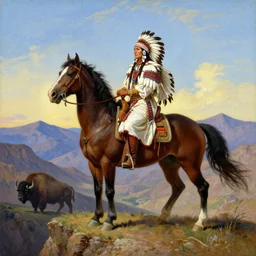 powerful native american warrior!! beautiful native american riding horse, buffalo, mountain range, beautiful sky, standing on the edge of a cliff, nineteenth century, painted by frazetta