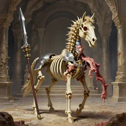 A little colorful and vibrant. A spiked detailed horse skeleton with armored joints stands in a large cavernous throne room with halberd in hand. Massive shoulderplates. Extremely high details, realistic, fantasy art, solo, masterpiece, bones, ripped flesh, art by Zdzisław Beksiński, Arthur Rackham, Dariusz Zawadzki, Harry Clarke