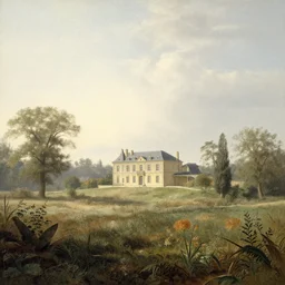 A serene landscape with a singular building in the style of Hubert Robert.