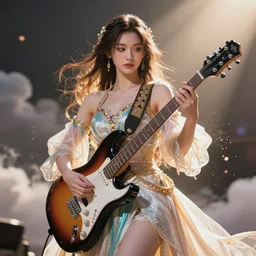 a beautiful female goddess of the guitars character, character is in all its glory, character is in her natural relaxed pose, rim lights, particles and dust in the air, fancy clouds, highly detailed professional photo, dynamic lights, particles are flying, depth of field, trending on artstation, professional illustration, hyper realistic, vray caustics, super detailed, colorful accents, cinematic shot