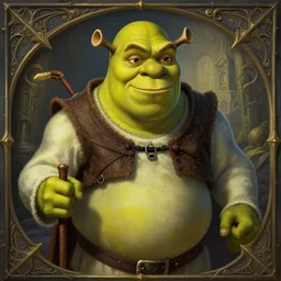 shrek, dressed as a wizard, yellow skin, with horns, d & d, fantasy, intricate, highly detailed, digital painting, artstation, concept art, matte, sharp, illustration, hearthstone, art by artgerm and greg rutkowski and alphonse mucha