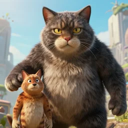 cat - faced giant mans with his friend by his side, high definition movie, photorealistic detail, futuristic production, adventure movie, 8 k