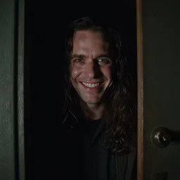 a still from a horror film of a creepy Rick Astley smiling inside a closet in a dark room, highly detailed face, medium long shot, 8k