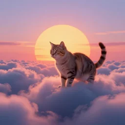 cat in the clouds, retrowave artwork, photorealistic, sunset, beautiful, volumetric lighting, high quality