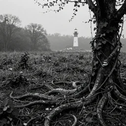 black and white, cinematic, landscape covered in vines, tentacles emerging from ground, hazy, distant forest, ultra detailed, pieter bruegal, returnal, extra teeth, lighthouse in distance, biome