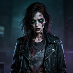 epic professional digital portrait art of an emo female zombie wearing a slightly torn tee shirt under a leather jacket, with deep green eyes, scary portrait, walking dead, best on artstation, cgsociety, wlop, Behance, pixiv, cosmic, epic, stunning, gorgeous, much detail, much wow, masterpiece