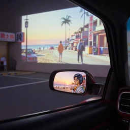 fuji 5 0 r, wide lens ; sunrise, ferrari style car interior with side mirror window view like ; in background a projection of beautiful hyperrealistic film still from ronin ( 1 9 9 0 ) beach promenade scene directed by tati in style of 1 9 9 0 s frontiers in miniature porcelain kintsugu design magazine seinen manga edition, real - life seinen manga porcelain sci - fi font izakaya sign, highly detailed, cinematic lighting, 8 k