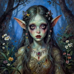 a pretty but sinister and creepy faery goblin in layers of fear decoupage, with haunted eyes, violence in her eyes, 1 9 7 0 s, seventies, delicate embellishments, a little blood, woodland, blue dawn light shining on wildflowers, painterly, offset printing technique, by walter popp, alexandre cabanel