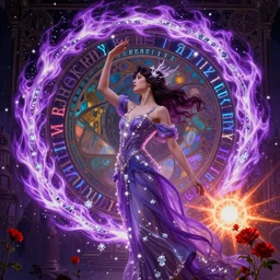 she dreams of arcs of purple flame intertwined with glowing sparks, glinting particles of ice, dramatic lighting, steampunk, bright neon, secret holographic cyphers, red flowers, solar flares, high contrast, smooth, sharp focus, art nouveau, painting by Caravaggio and WLOP and ruan jia and greg rutkowski and Alphonse Mucha