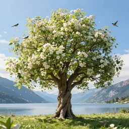 a beautiful awesome artistic tree in the summer and sunny day, with falling flowers like leaves and many birds, all in the amazing outdoors view, mountain in the background, lake, long exposure, 8 k resolution, trending on artstation