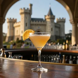 a cocktail at a high end bar in a medieval themed castle in golden afternoon light, professional food photography