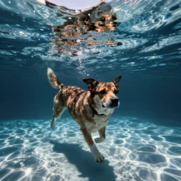 underwater video footage of a dog, swimming pool.