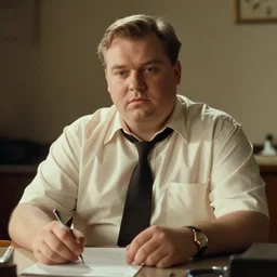 clean - shaven chubby white man wearing a shirt and necktie sitting at a desk, 1 9 8 9 movie still, cinematography, cinematic lighting