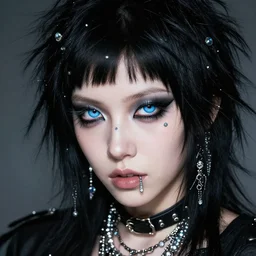 black-haired blue eyes jewelled !!punk rock!! girl portrait by Edgar Maxence and Ross Tran
