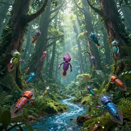 Loving romantic drawing of a deep rain forest, light rays from the tree tops, small blue river on the ground, many dancing colorfull squid robots flying around, hypermaximalistic, high details, cinematic, 8k resolution, beautiful detailed, insanely intricate details, artstation trending, octane render, unreal engine