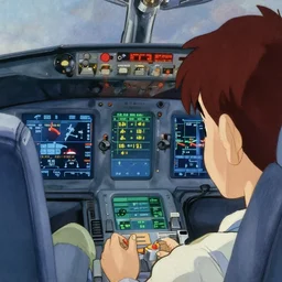 close up of human airplane watching a screen with flight information. painting by moebius, miyazaki, cartoon network