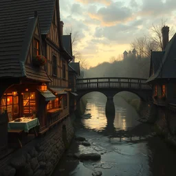 beautiful warm tavern seen from the outside, river crossed by a bridge, middle age, crepuscular light, trending on artstation, sharp details