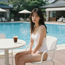 home video footage, a woman in a white swimsuit sits on a white chair in a cafe lounge at a public swimming pool facility in japan ; coffee is on the table. water, tree ; daylight, summer, color vhs picture quality