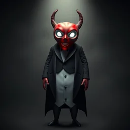 a tuxedo for a big man with small legs, heart shaped goden mask with white lights for eyes.
