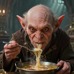 highly detailed closeup portrait of a medieval goblin eating soup, stephen bliss, unreal engine, greg rutkowski, ilya kuvshinov, ross draws, hyung tae and frank frazetta, tom bagshaw, tom whalen, nicoletta ceccoli, mark ryden, earl norem, global illumination, god rays, detailed and intricate environment