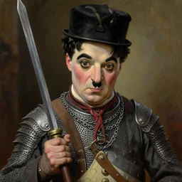 detailed portrait of Charlie Chaplin as a powerful dungeons and dragons warrior wearing iron chainmail, intricate, hyper detailed, realistic, oil painting, by jeff easley, boris vallejo, cinematic lighting