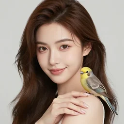 girl named alex, brown hair, fair skin, long nails, with a bird on her arm, cute brown eyes, smiling, high quality, 8 k,